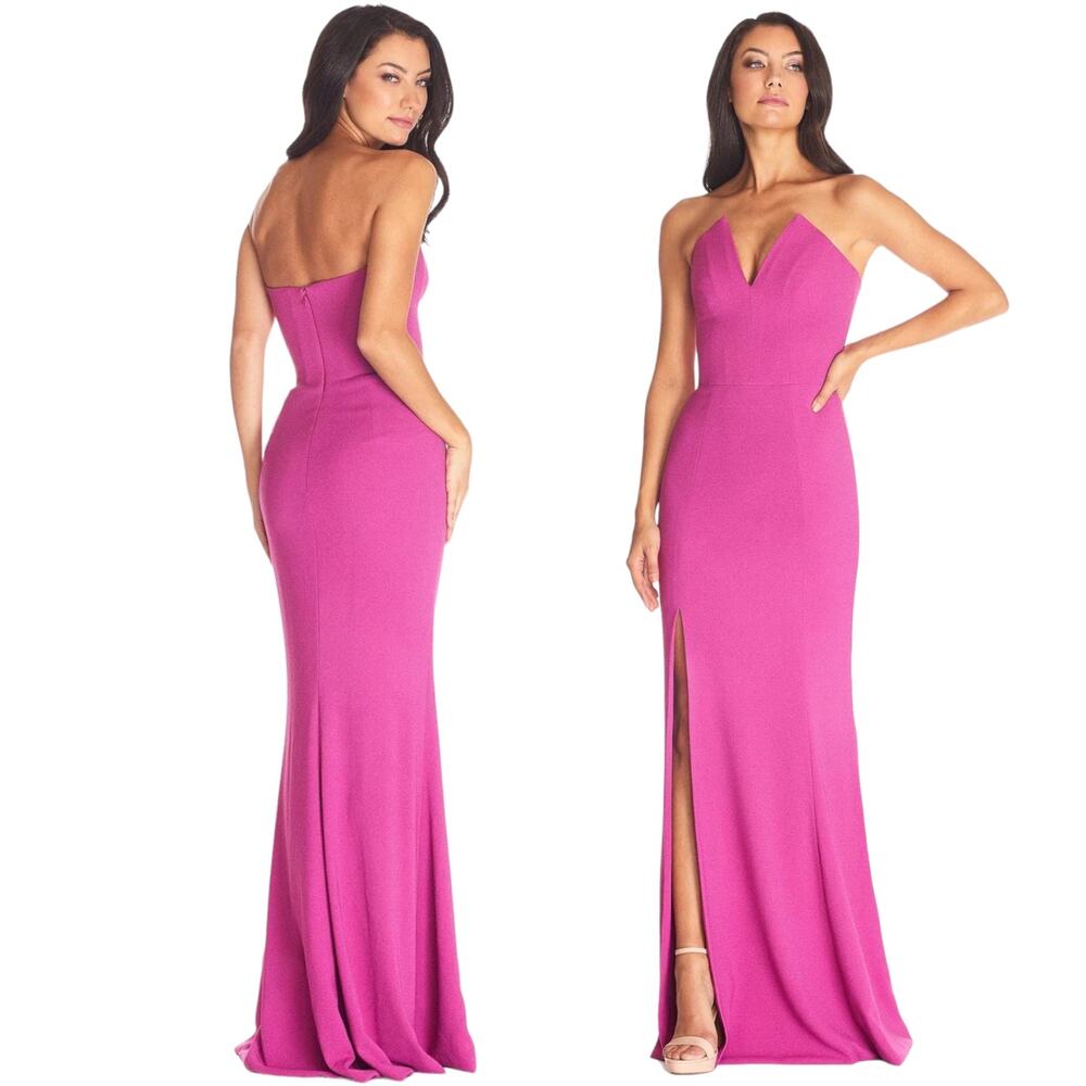 Dress the Population Fuchsia Strapless V-Neck Gown with Front Slit